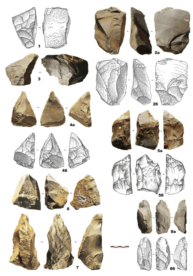 Нижнепалеолитическая стояка Кермек. Каменные изделия.1, 2а,б – кливеры; 3 – крупный отщеп >10 см; 4а,б, 5а,б, 6, 7, 8а,б –одно- и двусторонне обработанные пики.